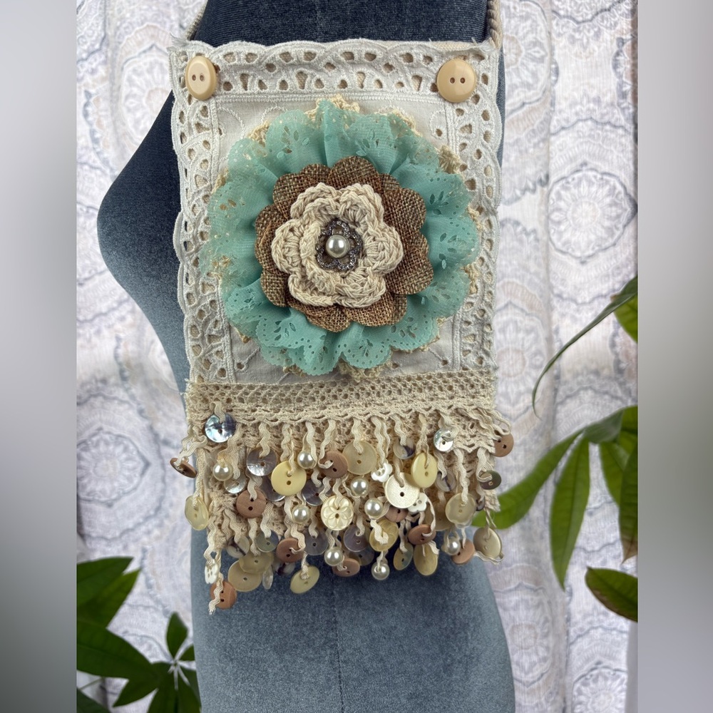 Artisan Floral Messenger Bag with Button Fringe - One-of-a-Kind Cottagecore Gift
